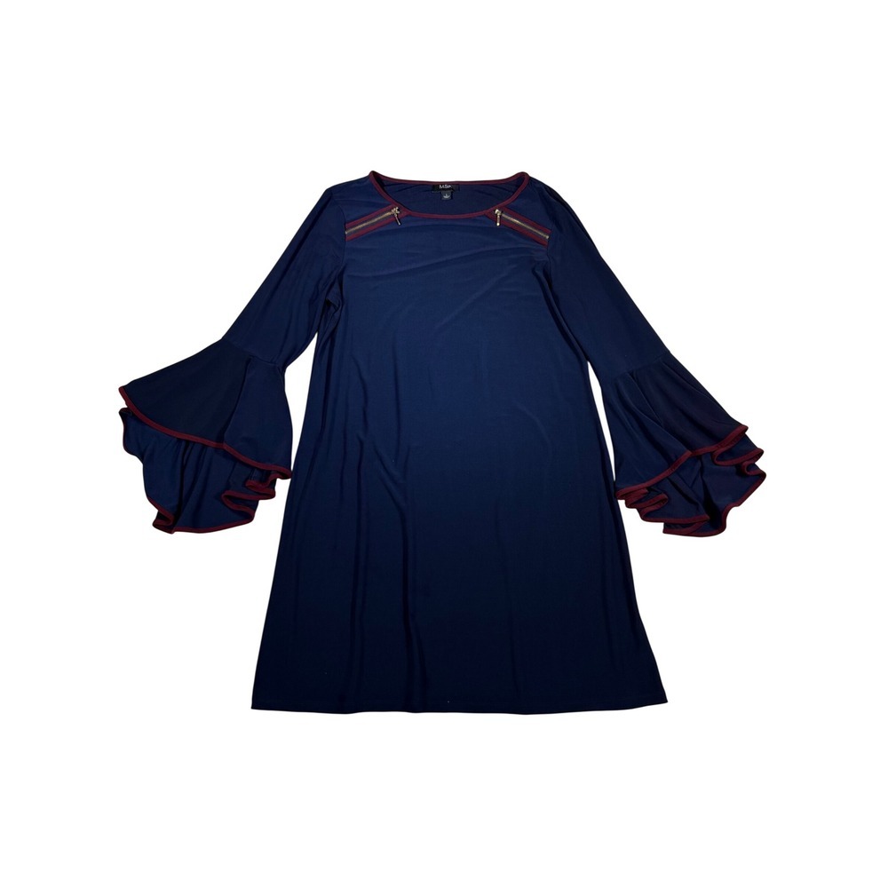 MSK Womens Navy Blue Bell Sleeve Shift Dress Gold Shoulder Zipper Detail Size L